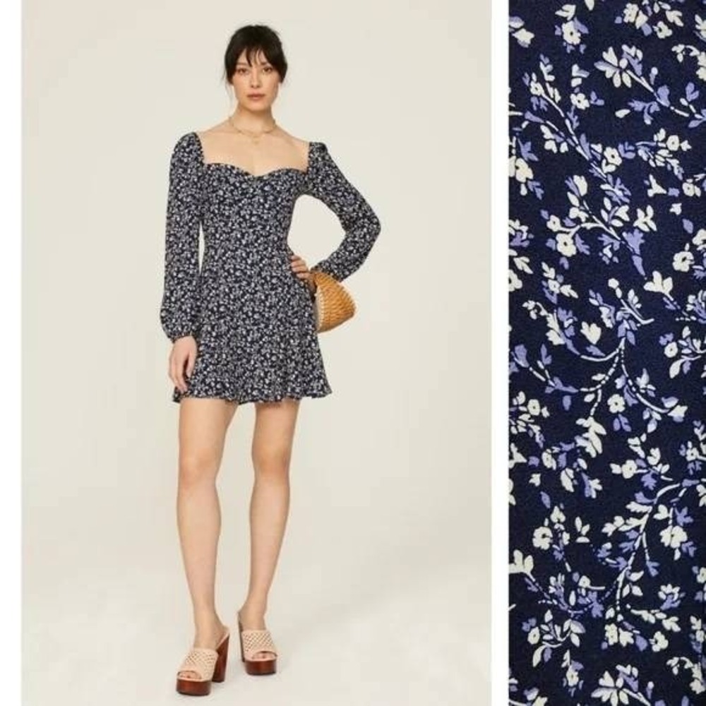 Reformation Floral Mini Dress Womens Large Navy Smocked Long Sleeve Square Neck